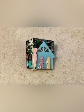 Pastel Blue & Pink House Family Enamel Brooch